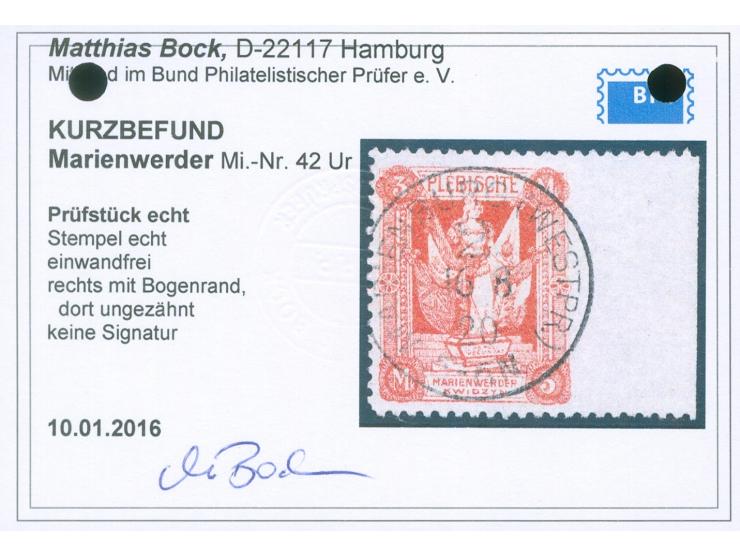 1920, 2. Mailänder Ausgabe 3 M. dunkelzinnober, rechtes Seitenrandstück, dort ungezähnt, sauber gestempelt “MARIENBURG (WESTP