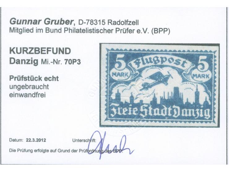 1921, Flugpost 5 M. schwarzultramarin, ungezähnter Probedruck, sauber ungebraucht, tadellos, sign. u. a. Stoye BPP, Kurzbefun