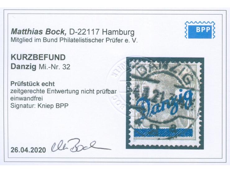 1920, Kleiner Innendienst 2 Pfg. dunkelgelbgrau, sauber gestempelt “DANZIG * 2 a 4.1.21”, zwei kurze Zähne unten, sonst tadel