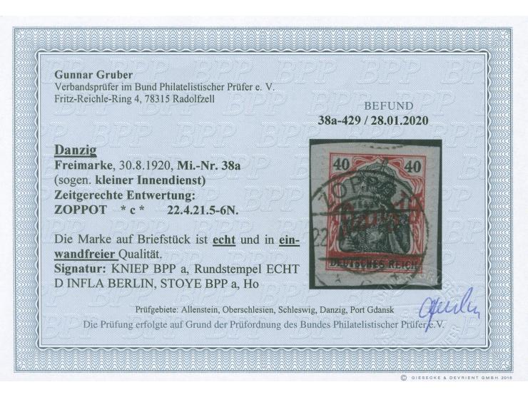 1920, Kleiner Innendienst 40 Pfg. karminrot/schwarz, sauber und zeitgerecht gestempelt “ZOPPOT 22.4.21” auf Briefstück, tadel