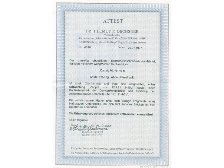 1920, Ohne Netzunterdruck: 2 M. auf 35 Pfg., sauber und zeitgerecht gestempelt “ZOPPOT 12.1.21”, tadellos, sign. Oechsner BPP