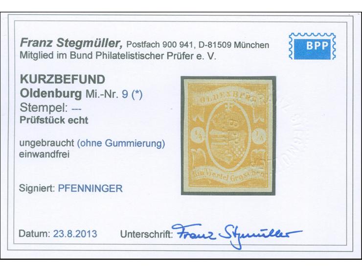 1861, ¼ Gr. dunkelgelborange, farbfrisch und allseits breitrandig, ungebraucht ohne Gummi, in tadelloser Erhaltung, sign. Pfe