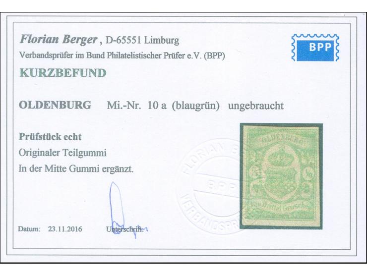 1861, ⅓ Gr. gelblichgrün, farbfrisch und allseits voll- bis breitrandig, ungebraucht mit Teilen der Originalgummierung, zum T