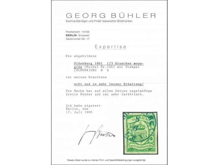 1861, ⅓ Gr. moosgrün, farbfrisch und allseits breitrandig, mit klarem DKr.-Teilstempel “OLDENBURG 8.6.”. Die Marke hat links 