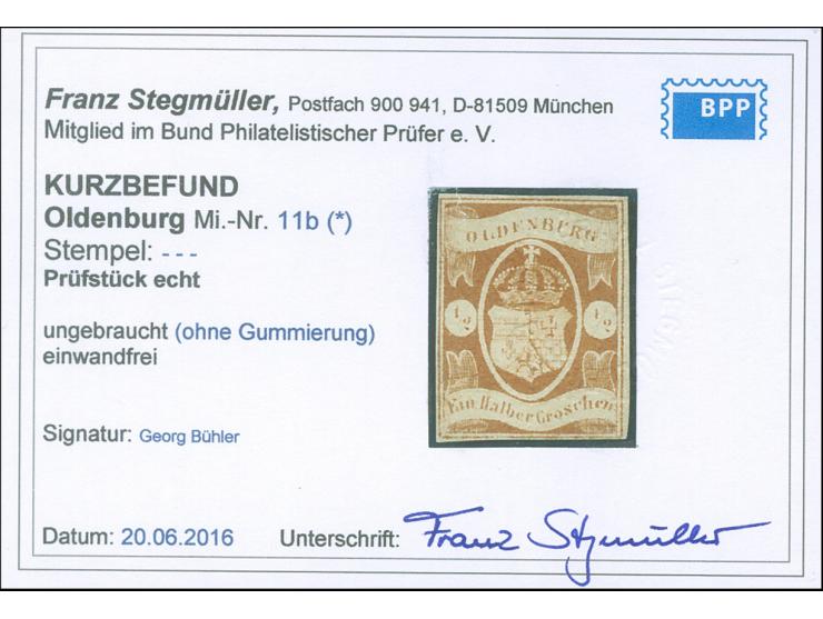 1861, ½ Gr. orangebraun, farbfrisch, allseits vollrandig, ungebraucht ohne Gummi, in einwandfreier Erhaltung, sign. Bühler un