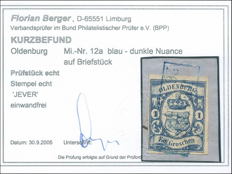 1861, 1 Gr. blau, faaarbfrisch und allseits voll- bis breitrandig mit blauem Rahmenstempel “JEVER” auf Briefstück, in einwand