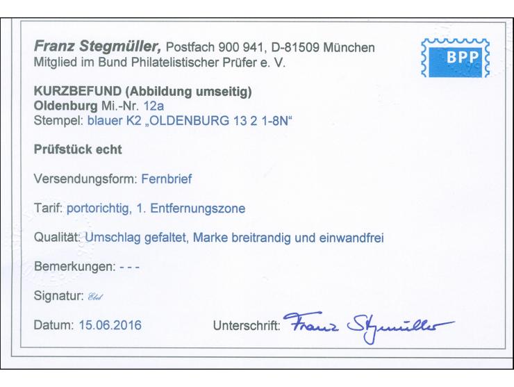 1861, 1 Gr. blau, farbfrisch und allseits breitrandig mit blauem DKr. “OLDENBURG 13.2.” auf Briefkuvert nach Rastede mit Anku