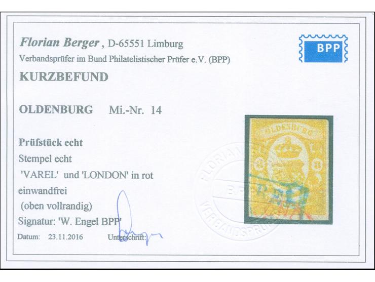 1861, 3 Gr. gelb, farbfrisch, allseits voll- bis breitrandig mit blauem Teilstempel “VAREL” und rotem EKr. “LONDON”, in einwa