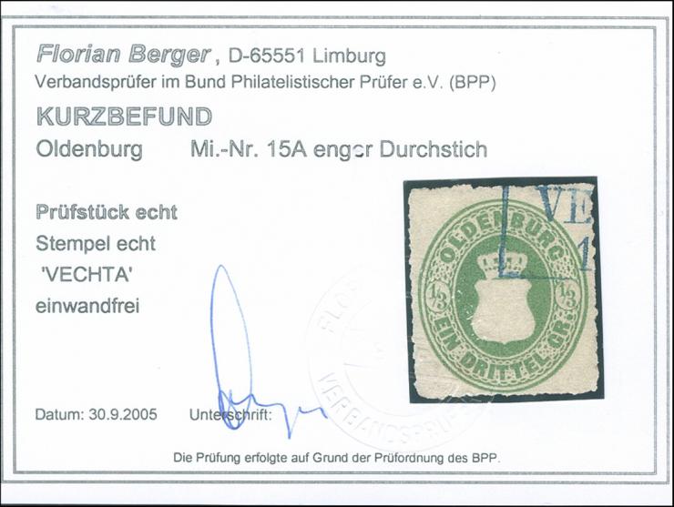 1862, ⅓ Gr. gelblichgrün mit Durchstich 11¾, mit klarem Teilstempel “VECHTA”, in einwandfreier Erhaltung, Kurzbefund Berger B