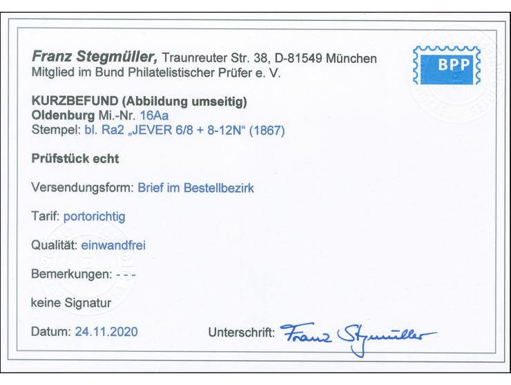 1862, ½&nbsp;Gr. mittelrötlichorange mit Durchstich 11¾, mit blauem Rahmenstempel “JEVER 6.8.(67)” auf kpl. Faltbrief in den 