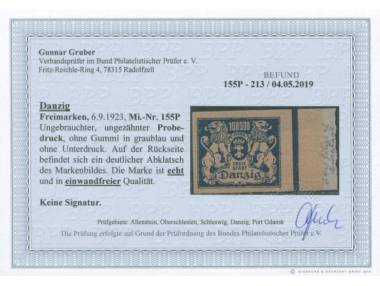 1923, Großes Staatswappen 100000 M., ungezähnter Probedruck ohne Rosettendruck in graublau auf ungummiertem Papier, rückseiti