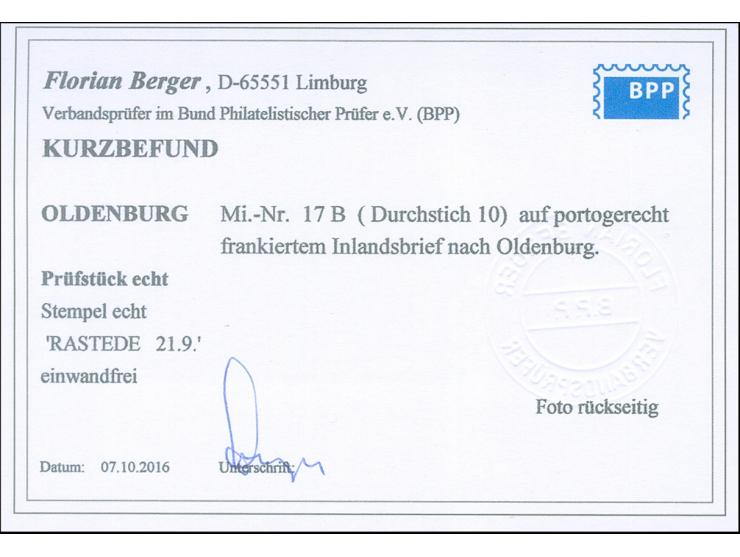1862, 1 Gr. karmin mit Durchstich 10 und blauem Rahmenstempel “RASTEDE 21.9.” auf Faltbriefhülle nach Oldenburg mit schwarzem