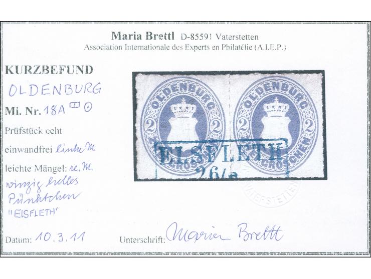 1862, 2 Gr. grauultramarin mit Durchstich 11¾ im waagerechten Paar mit klarem Rahmenstempel “ELSFLETH” in Blau, rechte Marke 