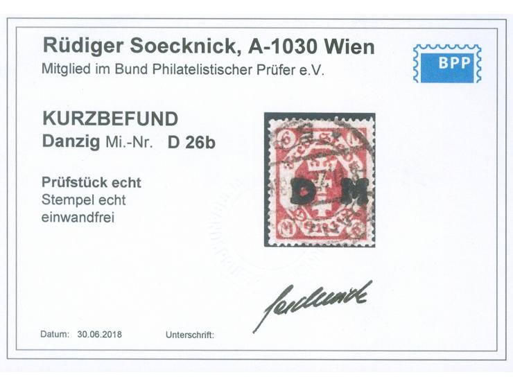 1922, Kleines Staatswappen 6 M. rotkarmin, sauber und zeitgerecht gestempelt DANZIG * 5", tadellos, Kurzbefund Soecknick BPP 