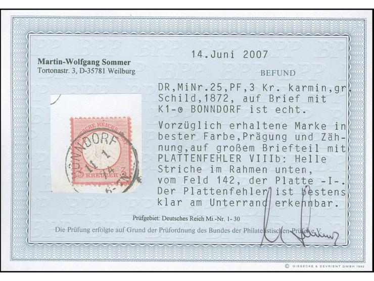 1872, 3 Kr. karmin mit Plattenfehler “helle Striche im Rahmen unten” (Feld 142), mit EKr. “BONDORF 11.1.74” auf innen nicht g