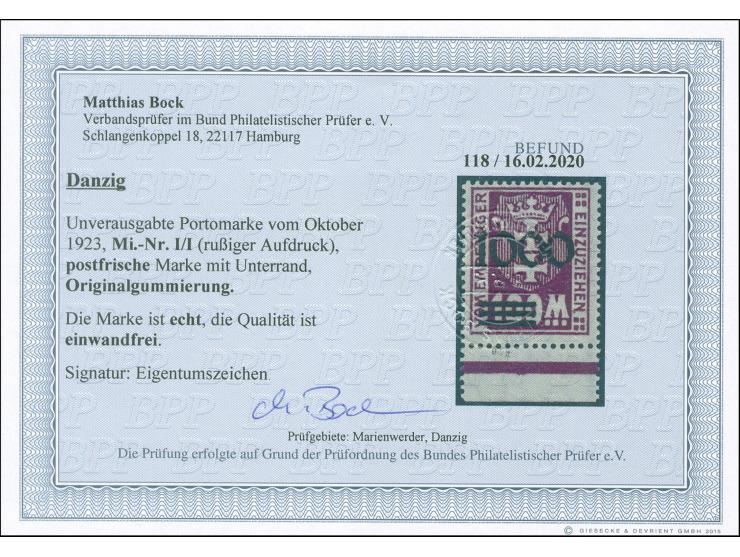 1923, Nicht ausgegebene: Kleines Wappen 1000 auf 100 M., rußiger Aufdruck, Unterrandstück, postfrisch, tadellos, Eigentumszei