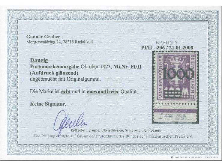 1923, Nicht ausgegeben: Kleines Wappen 1000 auf 100 M., glänzender Aufdruck, Unterrandstück, sauber ungebraucht, tadellos, Fo