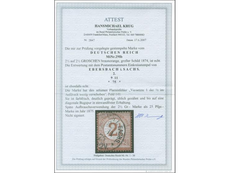 1874, 2½ auf 2½ Gr. braunorange mit Plattenfehler “versetzte 1 der ½ im Aufdruck wenig verschoben” (Feld 141), mit Norm-Teils
