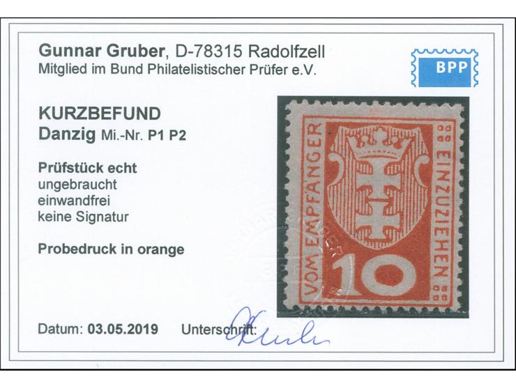 1921, Kleines Wappen 10 Pfg., Probedruck in orange, sauber ungebraucht, tadellos, Kurzbefund Gruber BPP (2019)