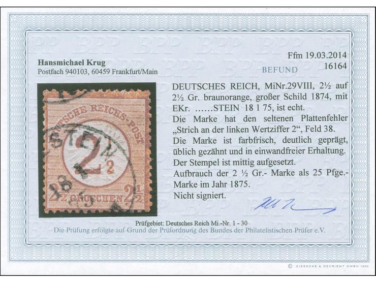 1874, 2½ auf 2½ Gr. braunorange mit Plattenfehler “Strich an der linken kleinen Wertziffer 2"” (Feld 38), mit Teilstempel “…S