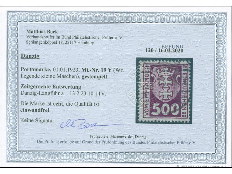 1923, Kleines Wappen 500 M., liegendes Wasserzeichen, sauber und zeitgerecht gestempelt “DANZIG-LANGFUHR a 13.2.23”, tadellos