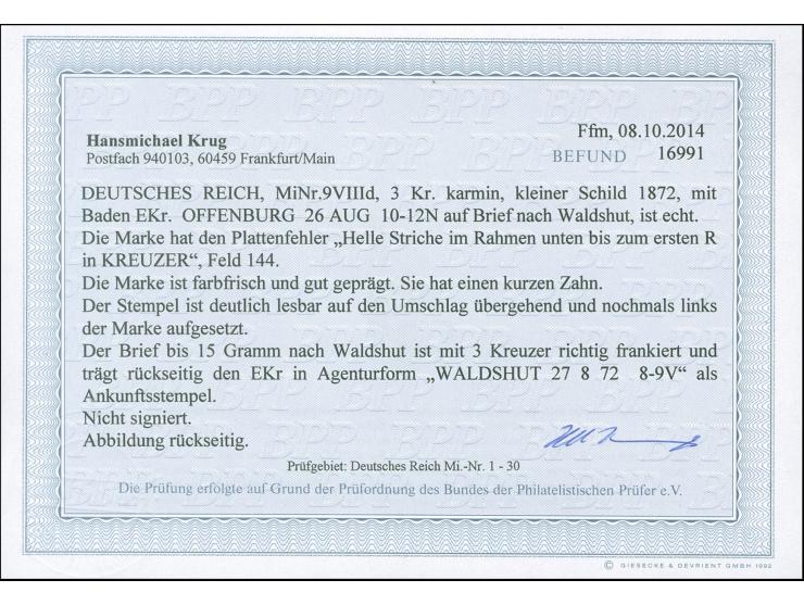 1872, 3 Kr. karmin mit Plattenfehler “helle Striche im Rahmen unten bis zum ersten R in KREUZER” (Feld 144), mit EKr. “OFFENB