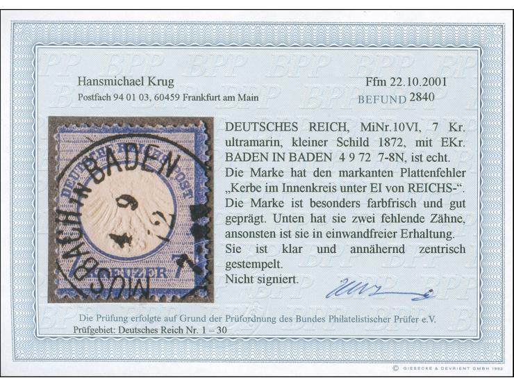 1872, 7 Kr. ultramarin mit Plattenfehler “Kerbe im Innenkreis rechts unter E in REICHS”, mit klarem EKr. “MOSBACH IN BADEN 4.