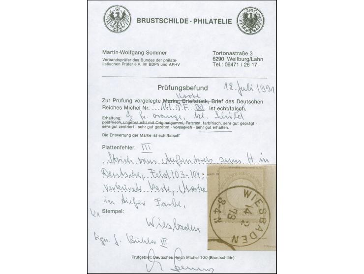 1872, ½ Gr. orange mit Plattenfehler “Farbstrich vom Außenkreis zum H in DEUTSCHE”, mit klarem EKr. “WIESBADEN 14.2.73” auf o