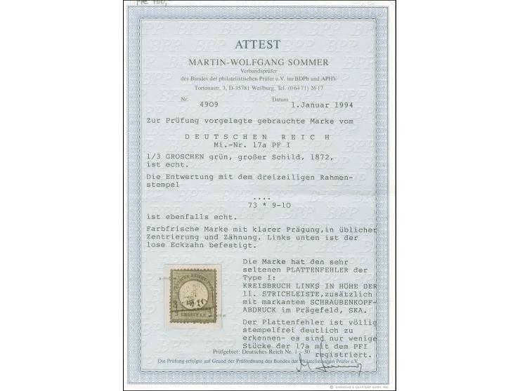 1872, ⅓ Gr. gelblichgrün mit Plattenfehler “Kreisbruch links in Höhe der 11. Strichleiste” &nbsp;(Feld 141) und Schraubenkopf