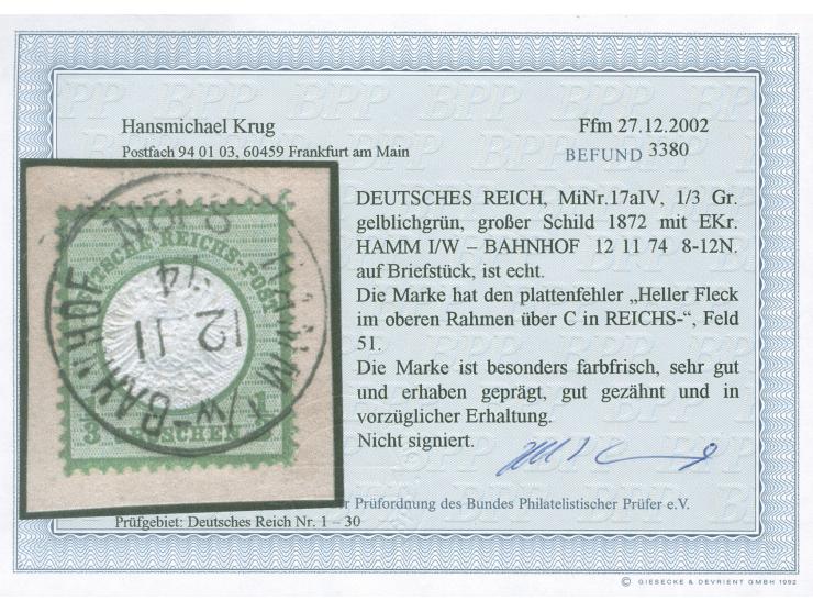 1872, ⅓ Gr. gelblichgrün mit Plattenfehler “heller Fleck im oberen Rahmen über C in REICHS” (Feld 51), mit klarem EKr. “HAMM 