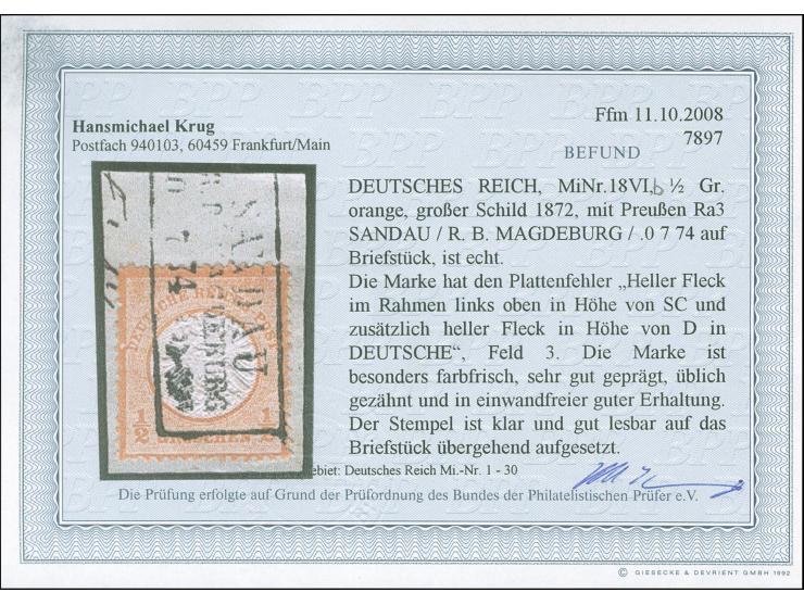 1872, ½ Gr. orange mit Plattenfehler “heller Fleck im Rahmen links in Höhe vin SC in DEUTSCHE und heller Fleck in Höhe von D 