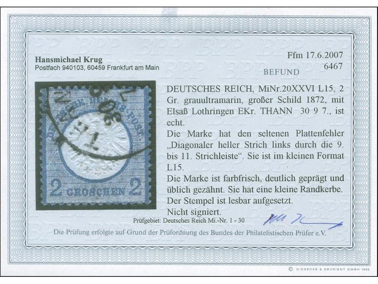 1872, 2 Gr. grauultramarin im kleinen Format L15 mit Plattenfehler “diagonaler heller Strich links durch die 9. bis 11. Stric