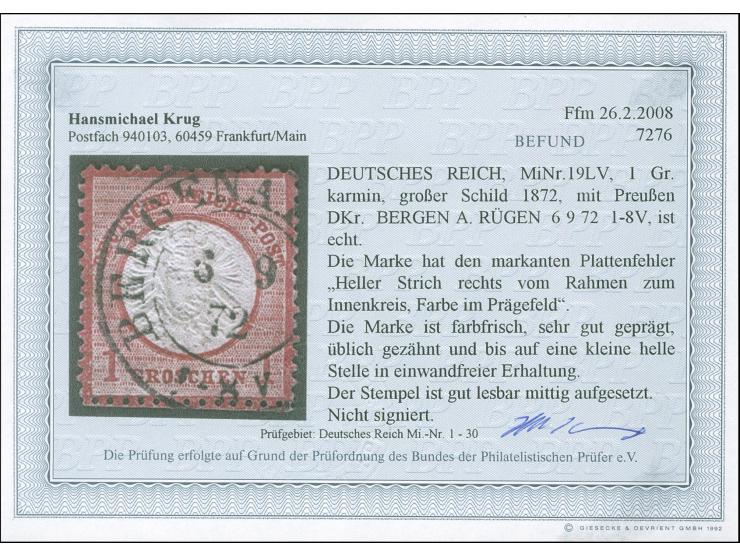 1872, 1 Gr. karmin mit Plattenfehler “Plattenbruch rechts oberhalb der 12. Strichleiste”, mit klarem DKr. “BERGEN A. (RÜGEN) 