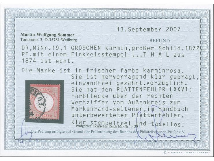 1872, 1 Gr. karmin mit Plattenfehler “Schräger Farbstreifen über der rechten Wertziffer”, mit Teilstempel “…THAL…74”. Die far