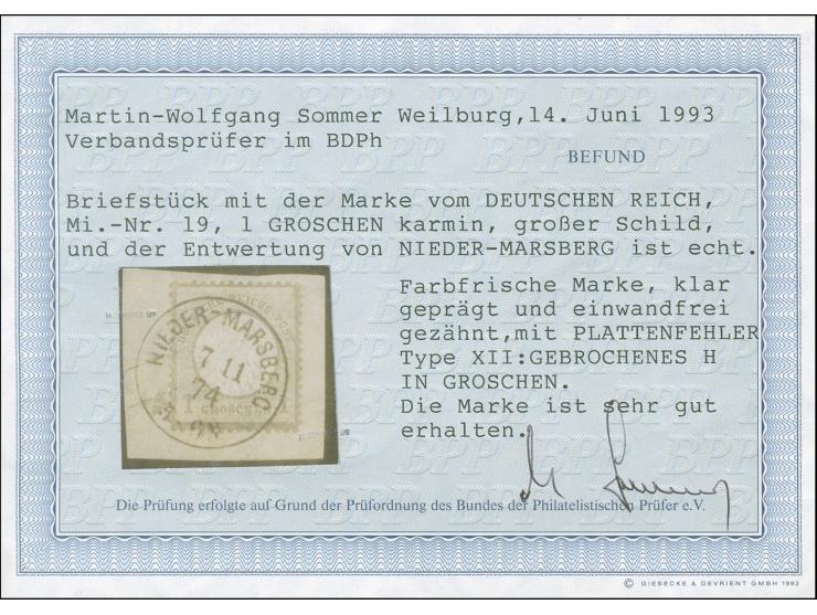 1 Gr. karmin mit Plattenfehler “gebrochenes H in GROSCHEN”, mit klarem EKr. “NIEDER-MARSCHBERG 7.11.74”. Die farbfrische Mark
