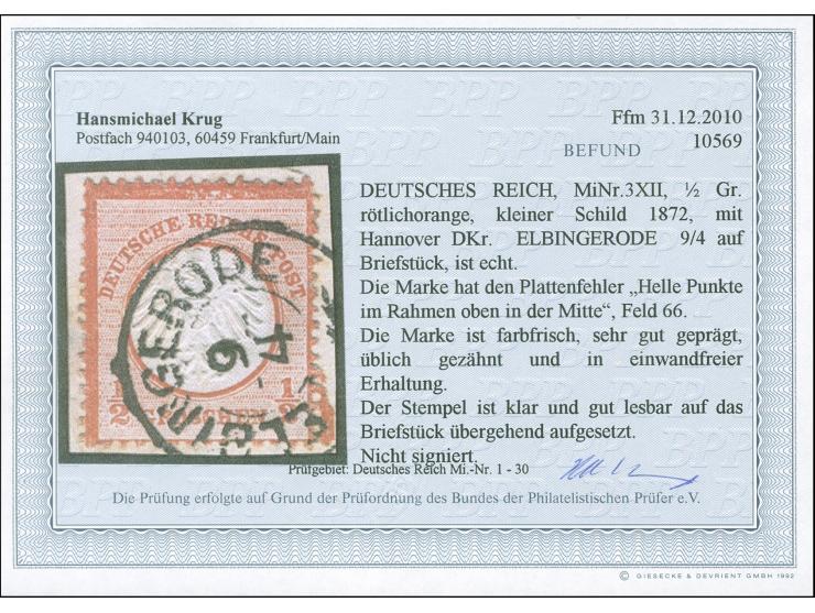 1872, ½ Gr. rötlichorange mit Plattenfehler “helle Punkte im Rahmen oben in der Mitte” (Feld 66), mit DKr. “ELBINGERODE 9.4.”