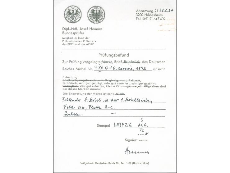 1872, 1 Gr. karmin mit Plattenfehler “fehlender 8. Strich in der ersten Strichleiste” (Feld 106)", mit klarem DKr. “LEIPZIIG 