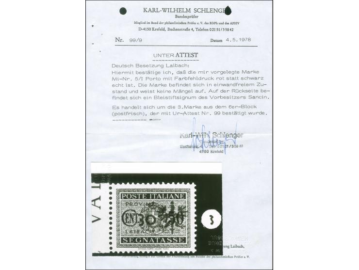 1944, Portomarken von Italien 30 auf 50 C., Probeaufdruck in dunkelrot statt schwarz, linkes Seitenrandstück, postfrisch, tad