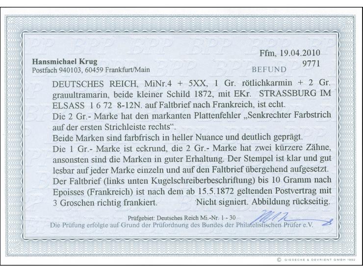 1872, 2 Gr. grauultramarin mit Plattenfehler “Farbstrich auf der ersten Strichleiste rechts” und 1 Gr. rötlichkarmin je mit E