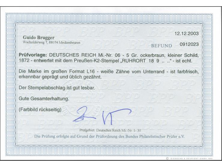 1872, 5 Gr. ockerbraun im großen Format L16 mit weißen Zähnen unten, mit DKr. “RUHRORT 18.9.”. Die farbfrische Marke ist erke