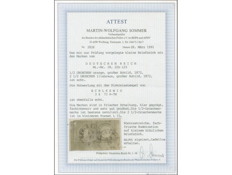 1872, 2½ Gr. mittelrotbraun im kleineren Format L15 und ½ Gr. orange je mit EKr. “SCHLEWIG 3.6.73” auf Briefstück. Die farbfr
