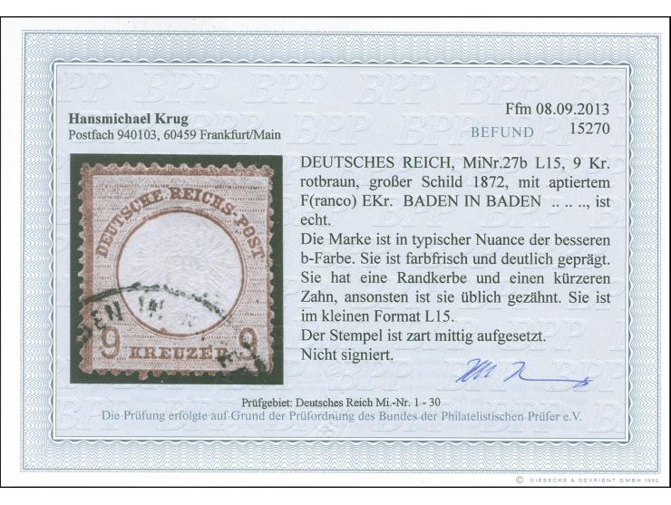 1872, 9 Kr. rotbraun im kleinen Format L15 mit Teilstempel “BADEN IN BADEN F….”. Die farbfrische Marke ist deutlich geprägt, 
