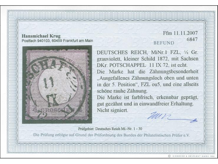 1872, ¼ Gr. grauviolett mit Zähnungsbesonderheit “ausgefallenes Zähnungsloch oben und unten in der 5. Position” (FZL ou5) und