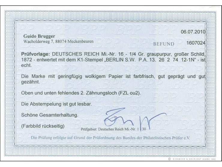 1872, ¼ Gr. grauviolett mit Zähnungsbesonderheit “ausgefallenes Zähnungsloch oben und unten in der 2. Position” (FZL ou2), mi