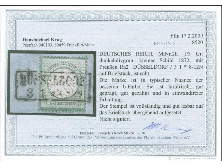 1872, ⅓ Gr. dunkelolivgrün mit Rahmenstempel “DÜSSELDORF 3.1.” auf Briefstück. Die farbfrische Marke ist gut geprägt, gut gez