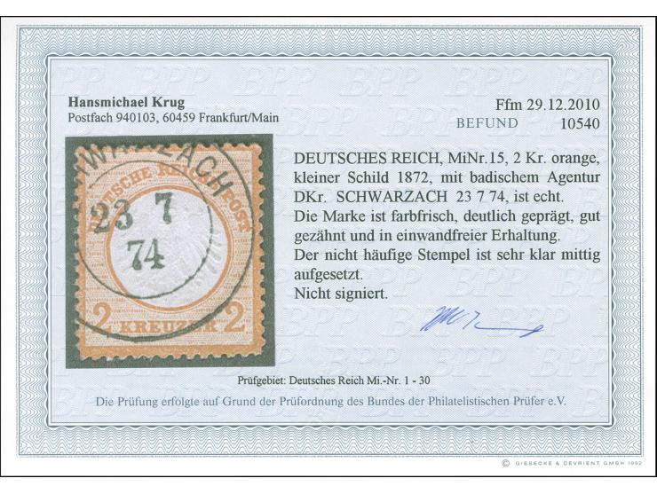 1872, 2 Kr. orange mit klarem Teilstempel “SCHWARZACH 23.8.74”. Die farbfrische Marke ist deutlich geprägt, gut gezähnt und i