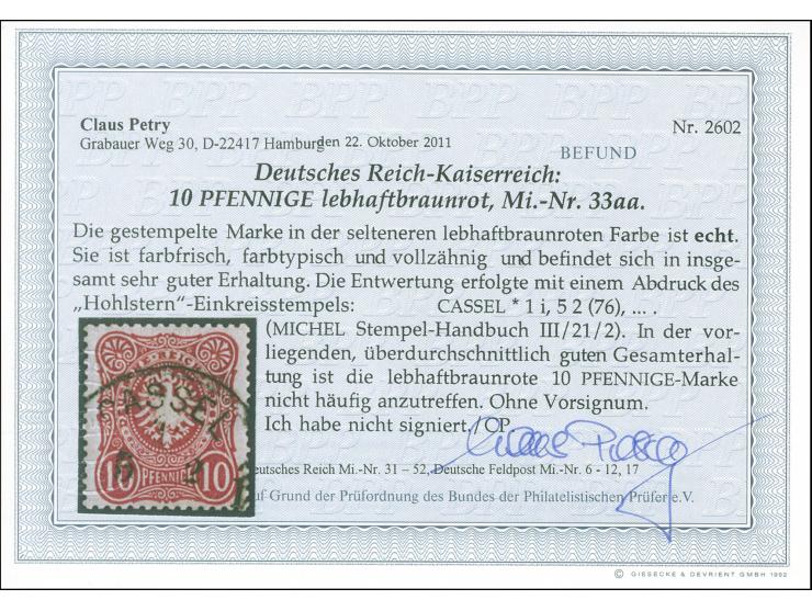1875, 10 Pfge lebhaftbraunrot, farbfrisch mit Stempel “CASSEL *1i 5.2.(76)”, sehr gut gezähnt und in tadelloser Erhaltung. Ei