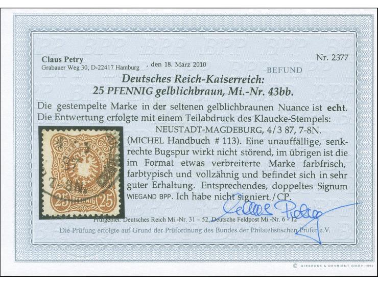 1880, 25 Pfg. gelblichbraun im etwas verbreitertem Format, farbfrisch mit Teilstempel “NEUSTADT-MAGDEBURG 4.3.87”. Die gut ge