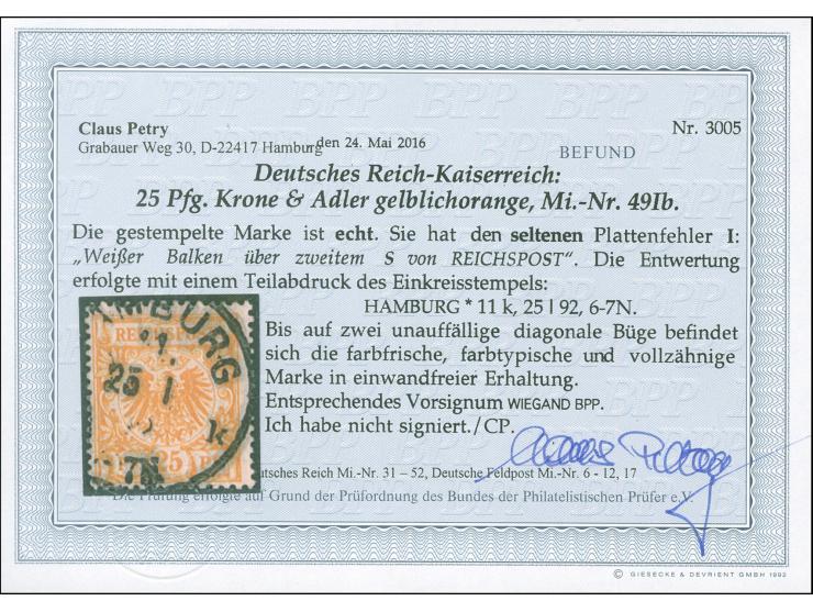 1890, Krone/Adler 25 Pfg. gelblichorange mit Plattenfehler “großer weißer Fleck über zweitem S von REICHSPOST”, sauber gestem