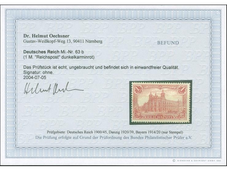 1900, 1 M. dunkelkarminrot, ungebraucht, in einwandfreier Erhaltung, Fotobefund Oechsner BPP (2005)